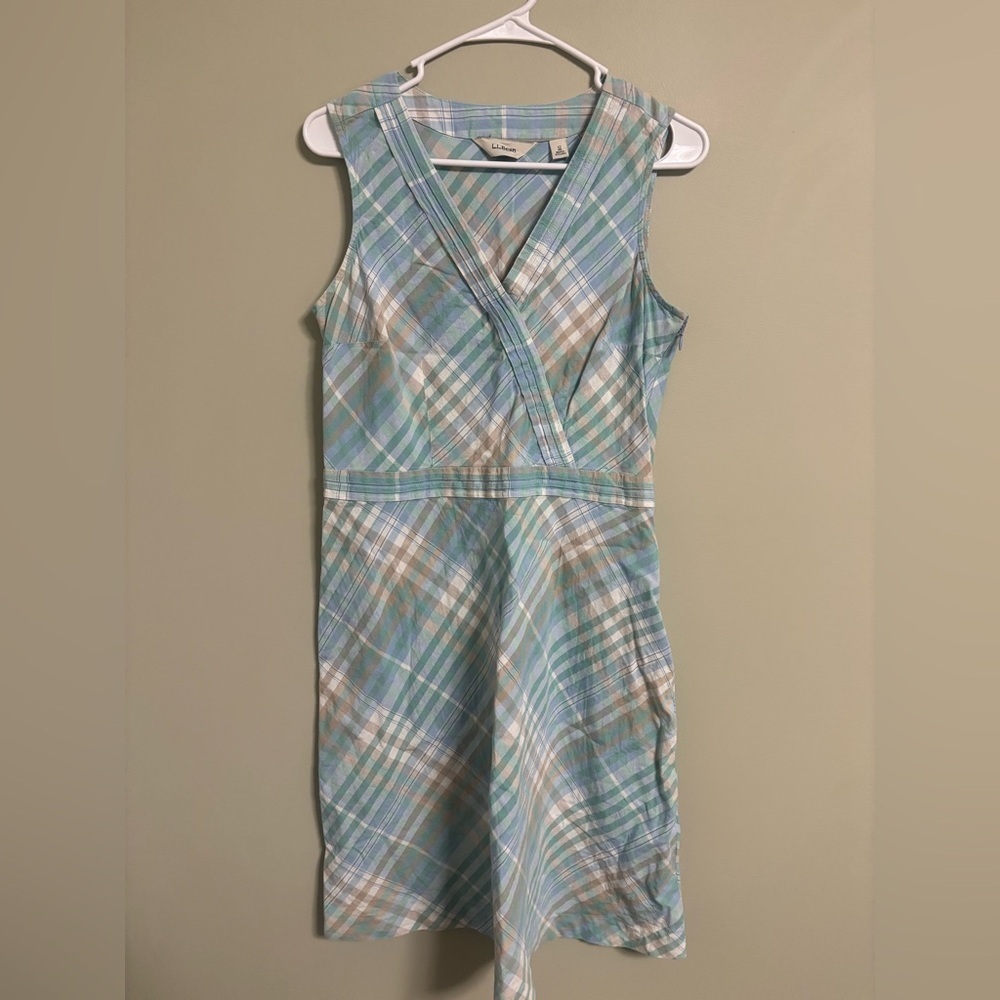 LL Bean Dress Size 12 Linen Cotton Blue Green Plaid V-Neck A-Line Spring Casual